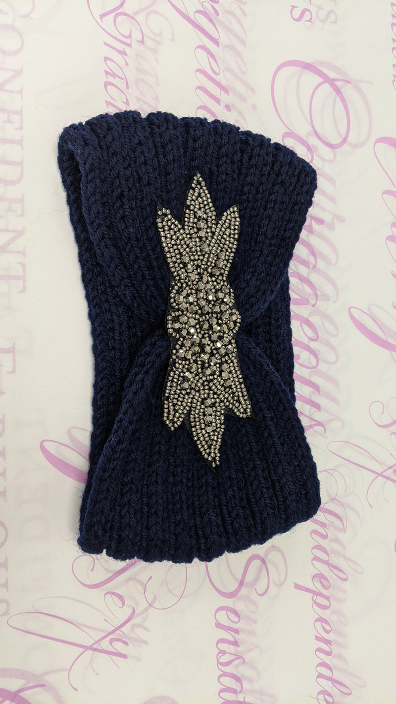 Knitted Beaded Ear Warmers - Navy