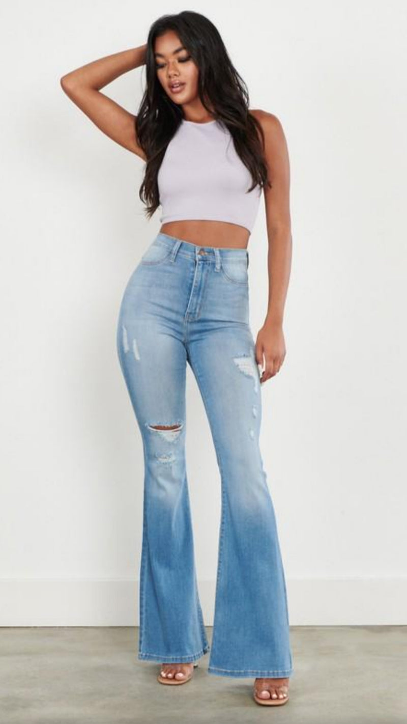 Jane Distressed Flare Jeans.