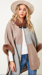 Fur Colour Block Hooded Poncho