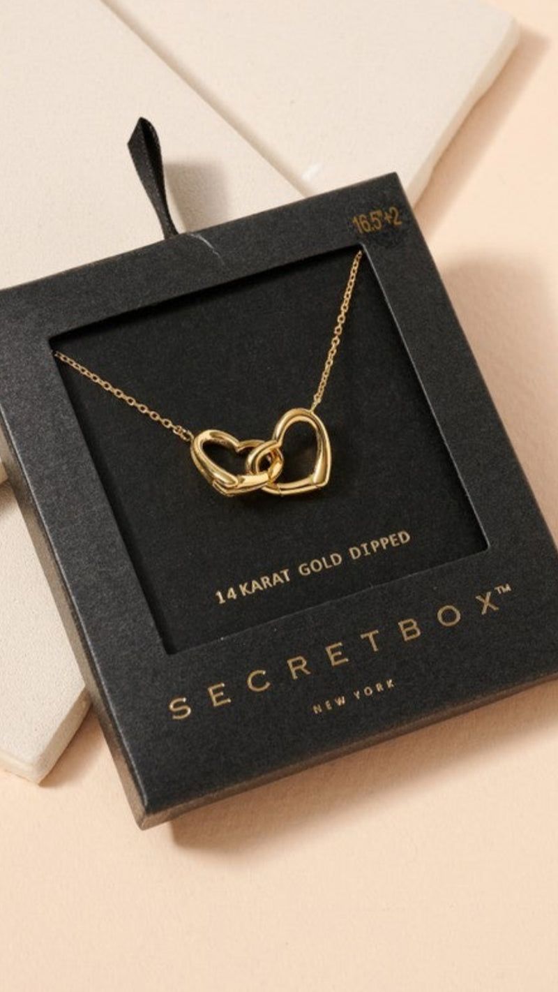 Secret Box Linked Hearts Charm Necklace - Gold